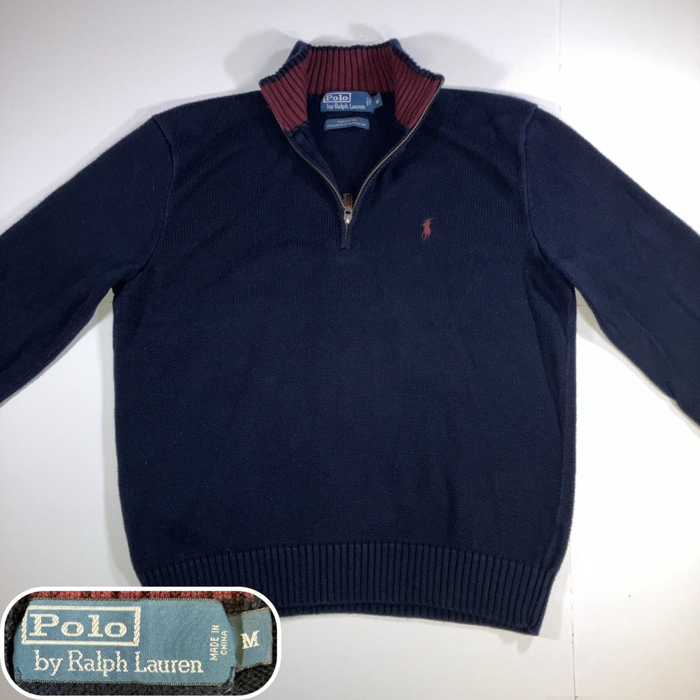 Vintage Polo Ralph Lauren Mens M Navy Blue Cotton Quarter Zip Sweater Small Hole